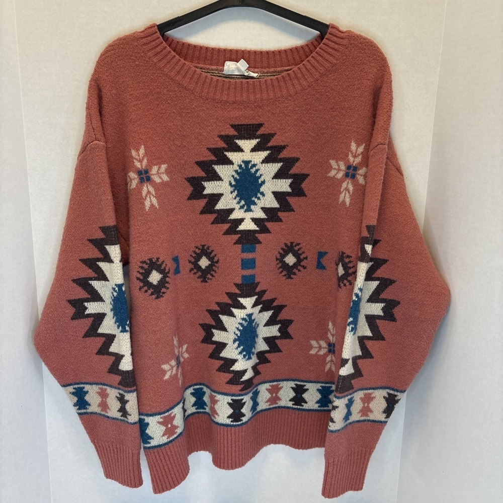 Women's Sweater Large Aztec Print Pink Cozy Vintage Style Vanilla Bay
